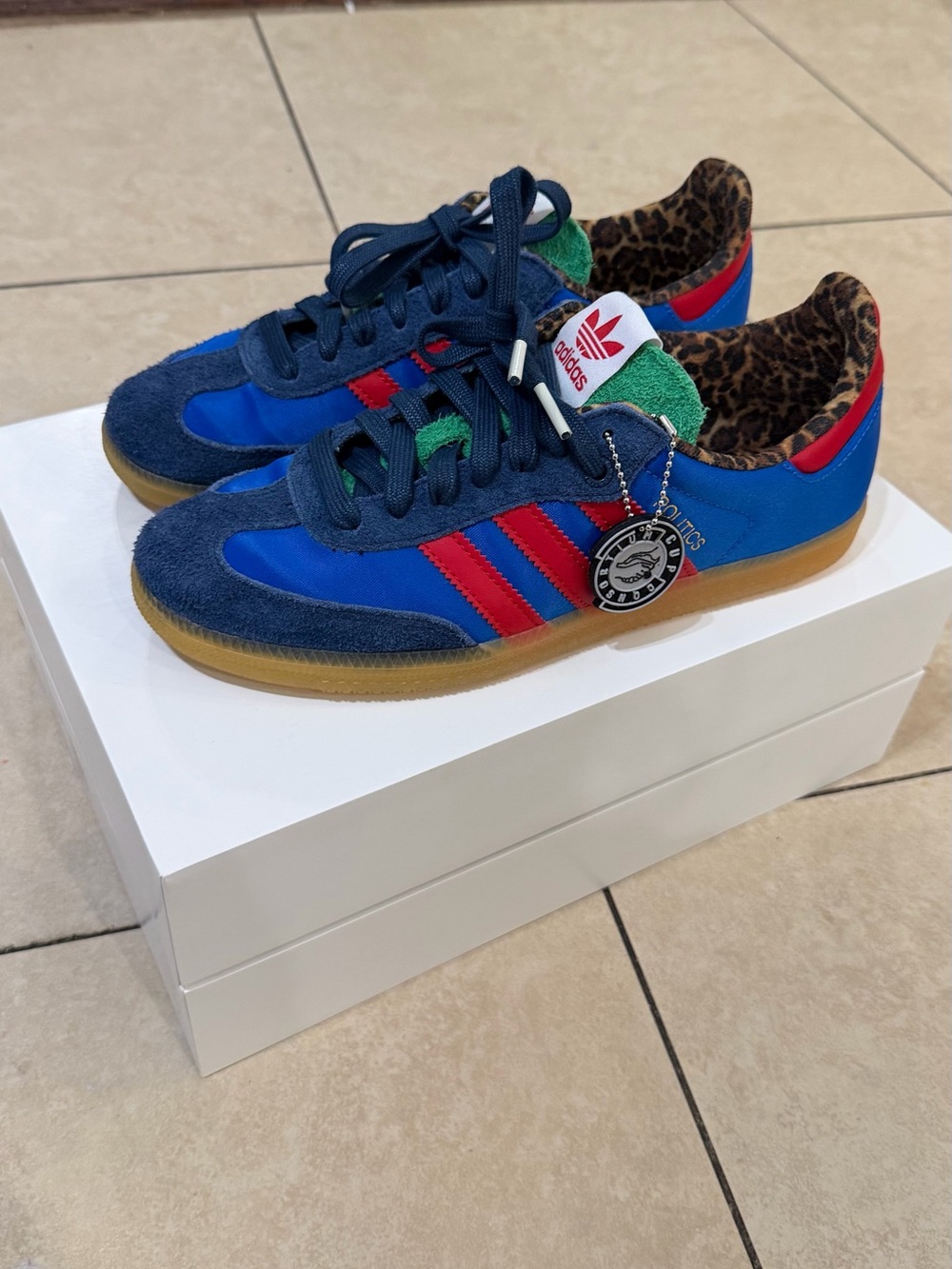 Samba Politics adidas Blue & Red Low-Top Sneakers with Leopard Lining
